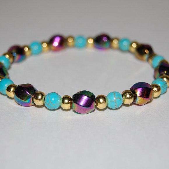 Rainbow Magnetic Hematite Bracelet,Blue Turquoise Beads Bracelet,Pretty - Picture 3 of 3